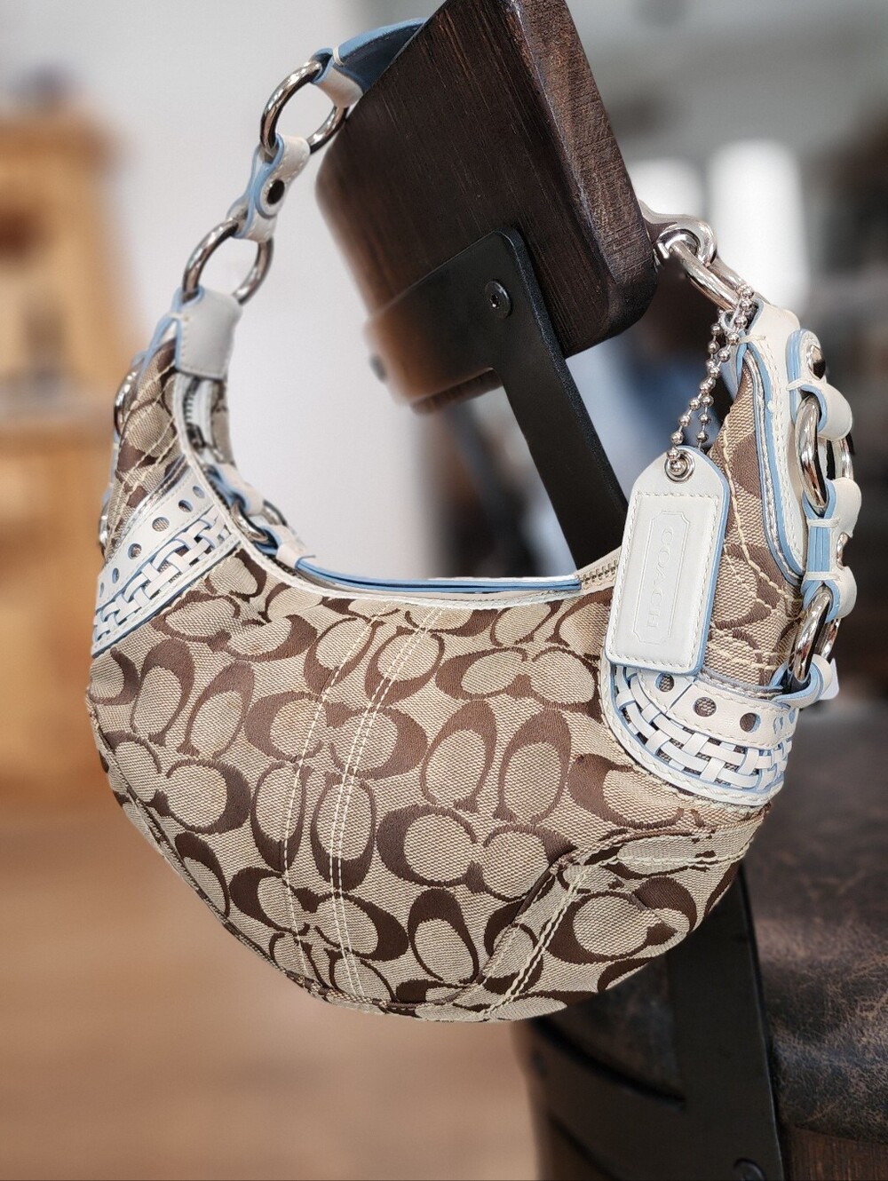 Y2k Coach Signature Hobo Bag in Khaki and Chalk with Blue Trimv